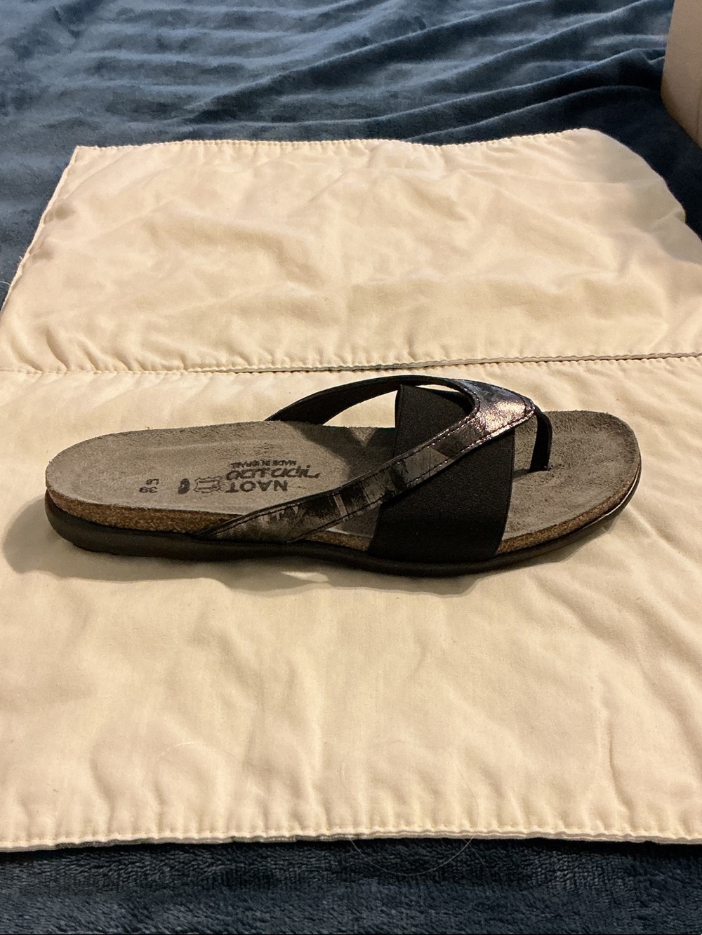 Naot Metallic Black Cross-Strap Slide Sandal